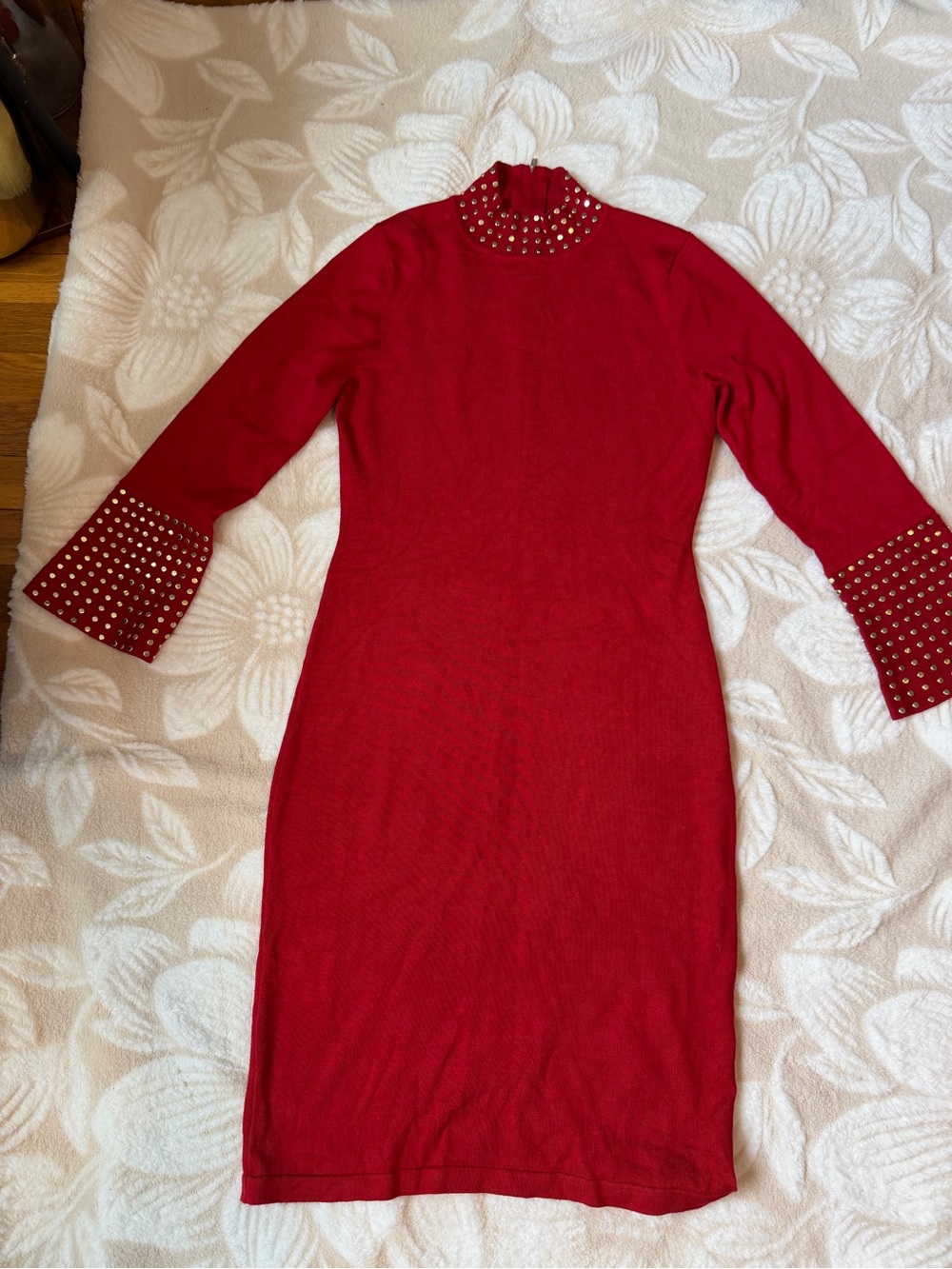 Calvin Klein Red Long-Sleeve Mock Neck Dress with Studded Cuffs